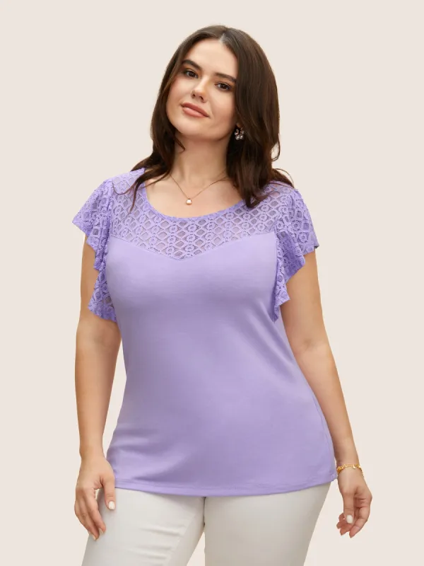 Crochet Lace Mesh Ruffle Cap Sleeve T-shirt sold by Bloomchic