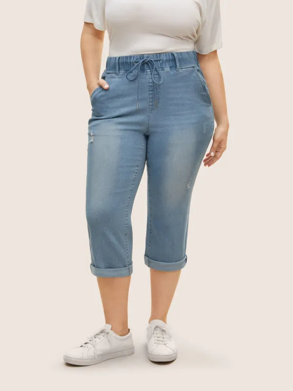 Drawstring Roll Hem Distressed Cropped Jeans sold by Bloomchic