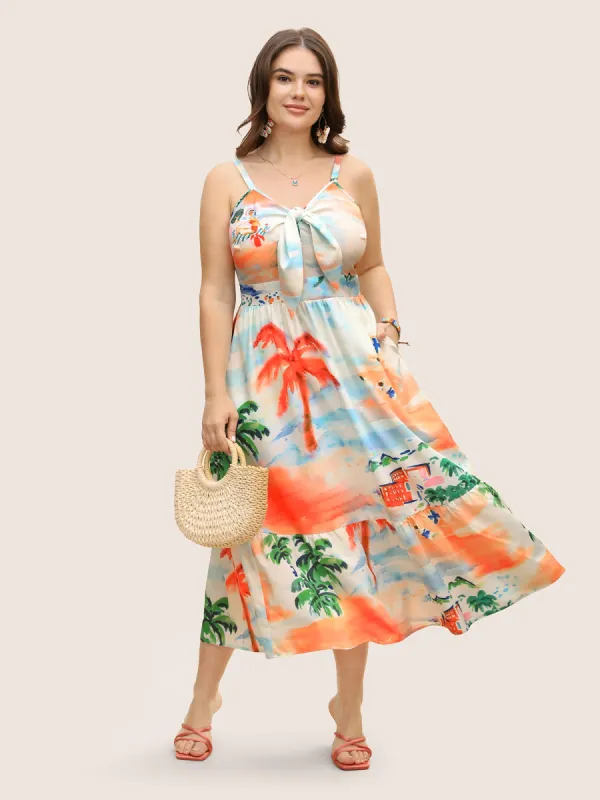 V Neck Tropical Print Tie Knot Midi Dress sold by Bloomchic