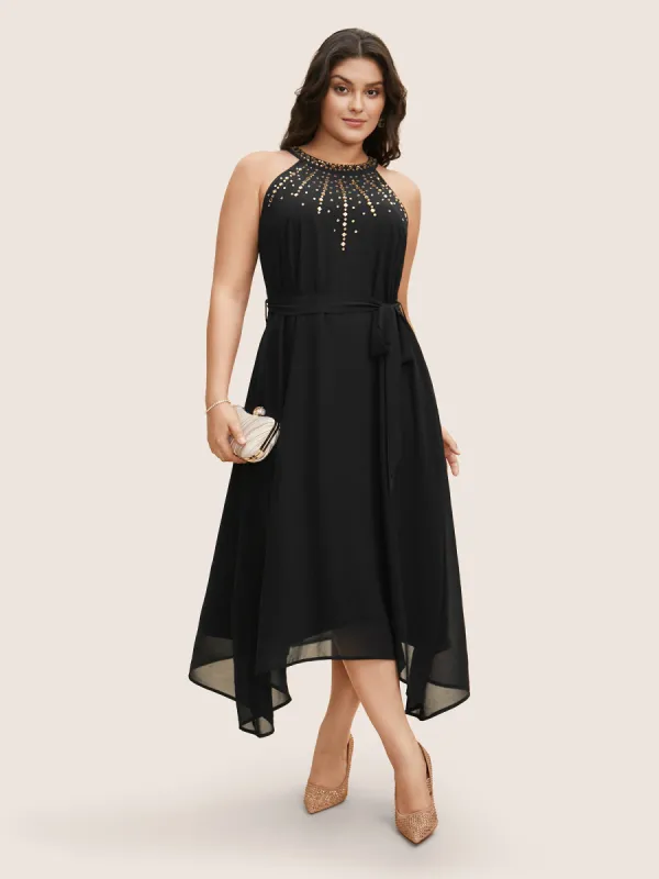 Halter Neck Rhinestone Detail Asymmetrical Hem Dress sold by Bloomchic