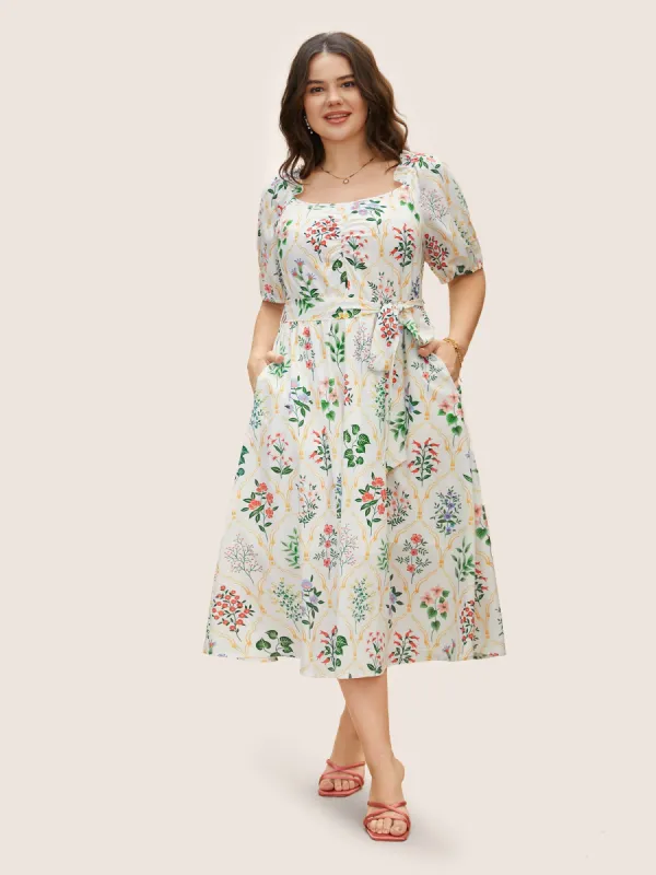 Square Neck Floral Frill Trim Gathered Dress sold by Bloomchic