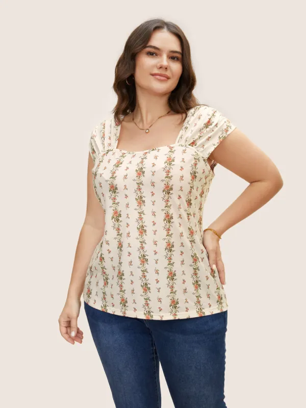Square Neck Natural Flowers Print Cap Sleeve T-shirt sold by Bloomchic