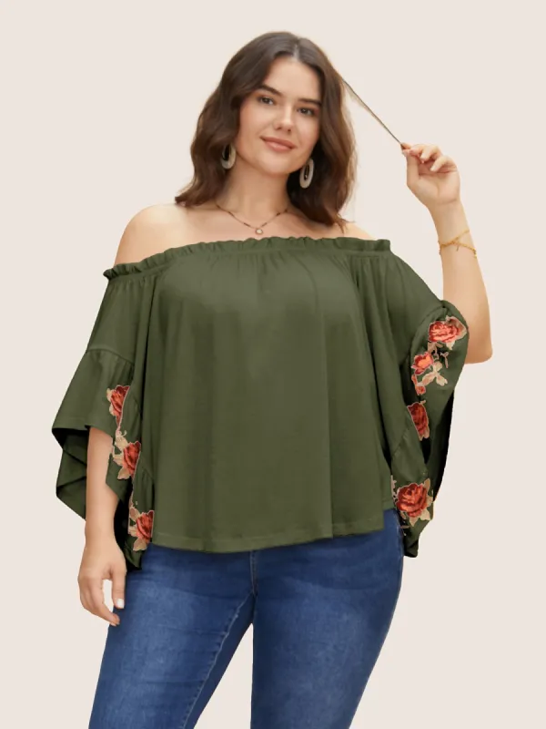 Off Shoulder Floral Embroidered Ruffle Sleeve T-shirt sold by Bloomchic