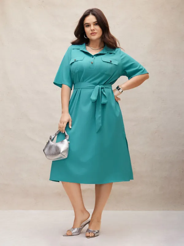 Shirt Collar Solid Flap Pocket Split Hem Dress sold by Bloomchic