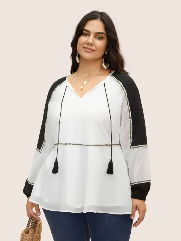 Bandana Contrast Webbing Tassel Tie Knot Blouse sold by Bloomchic