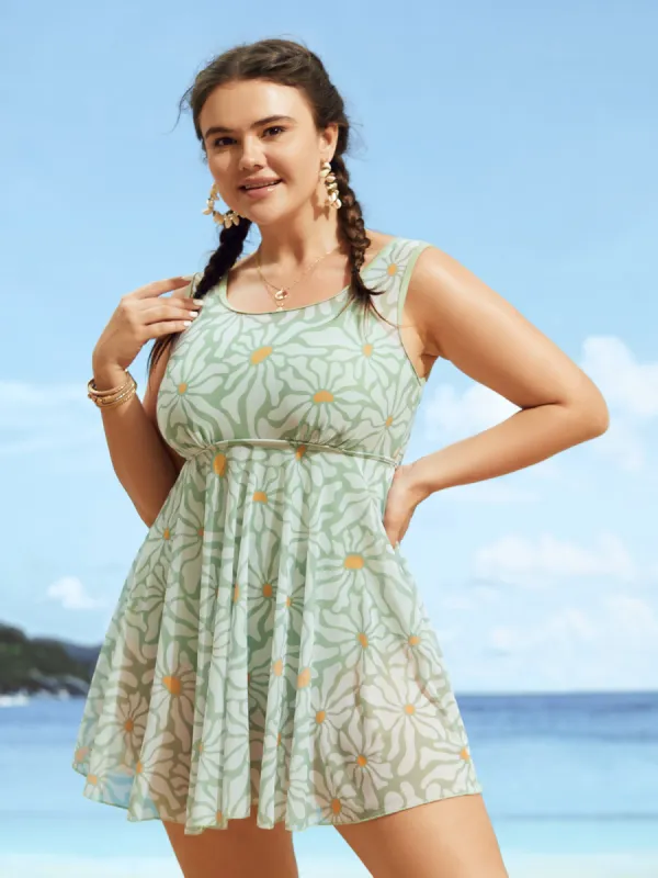 Sun Print U Neck See Through Gathered Swim Dress sold by Bloomchic