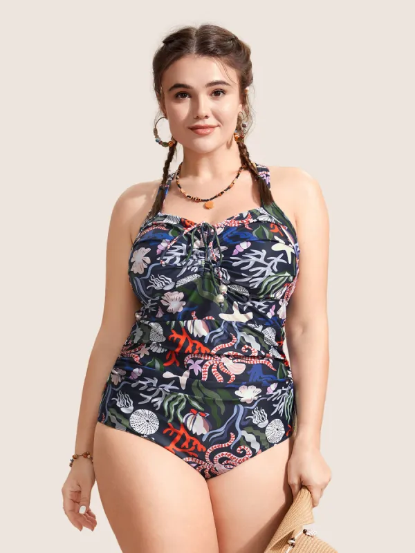 Marine Elements Drawstring Gathered One Piece Swimsuit sold by Bloomchic