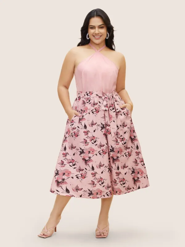 Halter Neck Floral Patchwork Midi Dress sold by Bloomchic