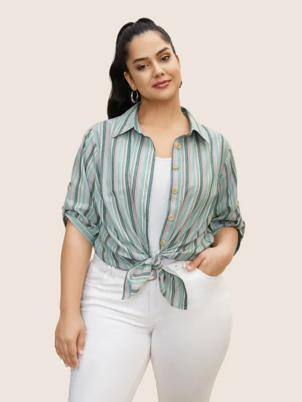 Contrast Striped Button Cuff Sleeve Blouse sold by Bloomchic