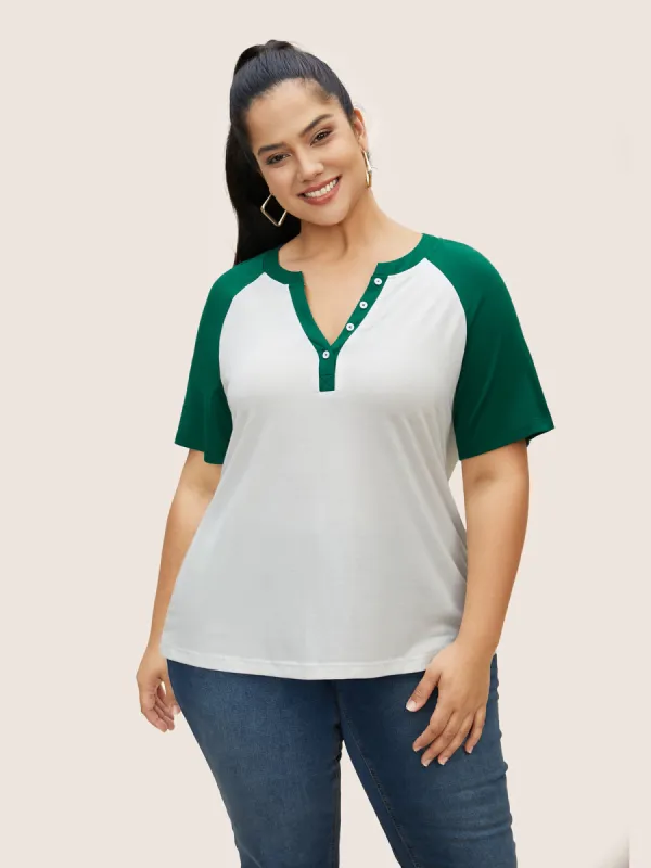 Notched Collar Contrast Raglan Sleeve T-shirt sold by Bloomchic