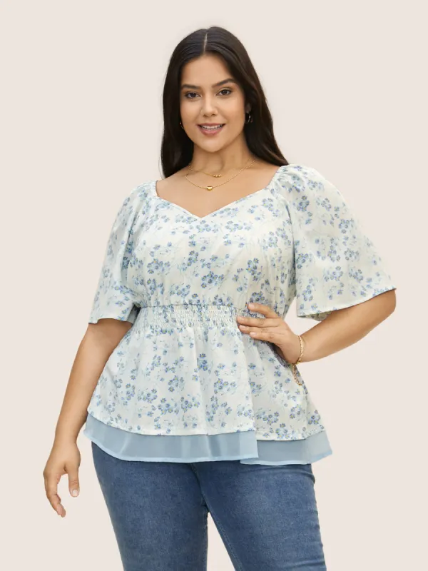 Natural Flowers Shirred Patchwork Ruffle Sleeve Blouse sold by Bloomchic