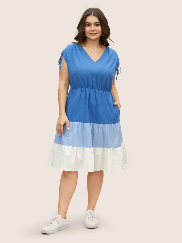V Neck Colorblock Contrast Drawstring Dress sold by Bloomchic