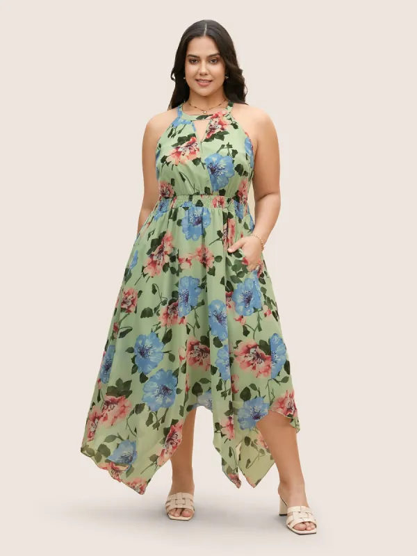 Floral Shirred Asymmetrical Hem Sleeveless Dress sold by Bloomchic