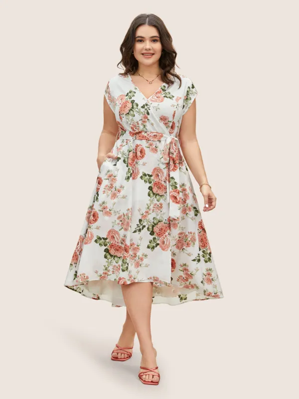 Surplice Neck Floral Cap Sleeve Dress sold by Bloomchic