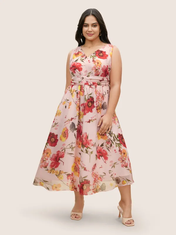 V Neck Floral Ruched Sleeveless Dress sold by Bloomchic