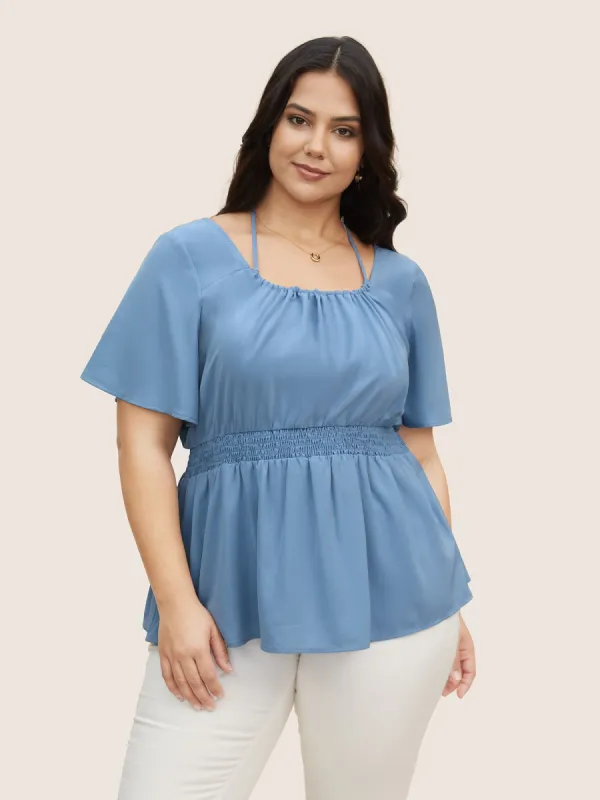 Plain Halter Neck Shirred Tie Knot Blouse sold by Bloomchic