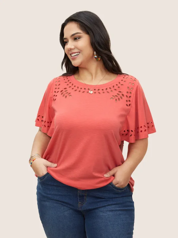 Solid Broderie Anglaise Flutter Sleeve T-shirt sold by Bloomchic