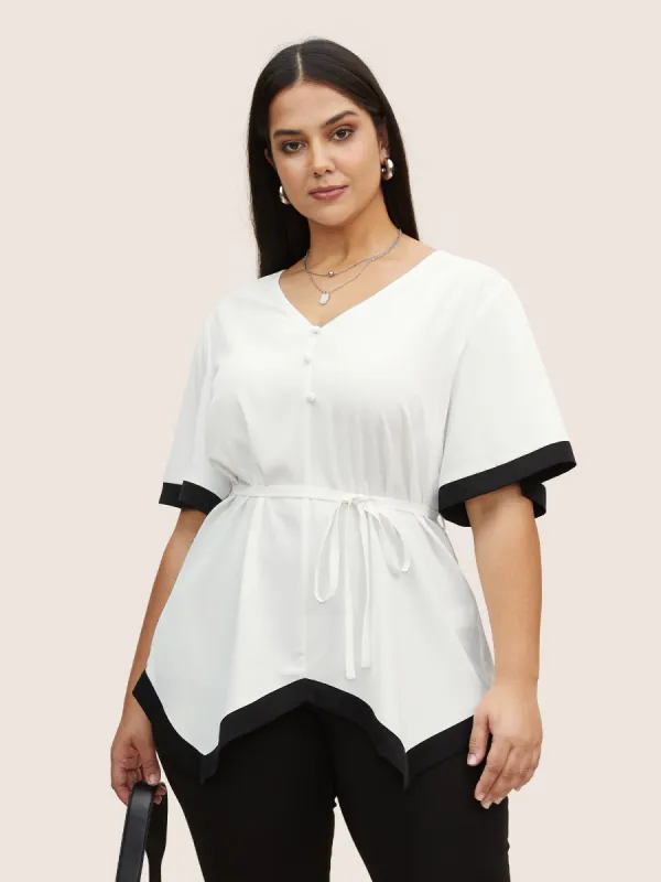 V Neck Patchwork Contrast Tie Knot Blouse sold by Bloomchic