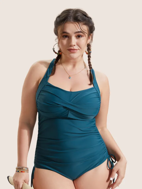 Plain Ruched Crossover Drawstring One Piece Swimsuit sold by Bloomchic