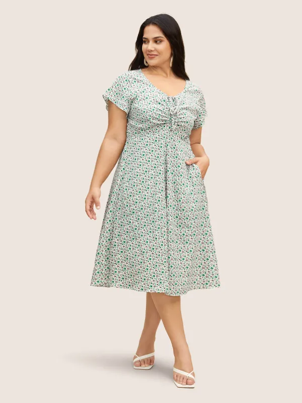 Ditsy Floral Drawstring Ruffle Cap Sleeve Dress sold by Bloomchic