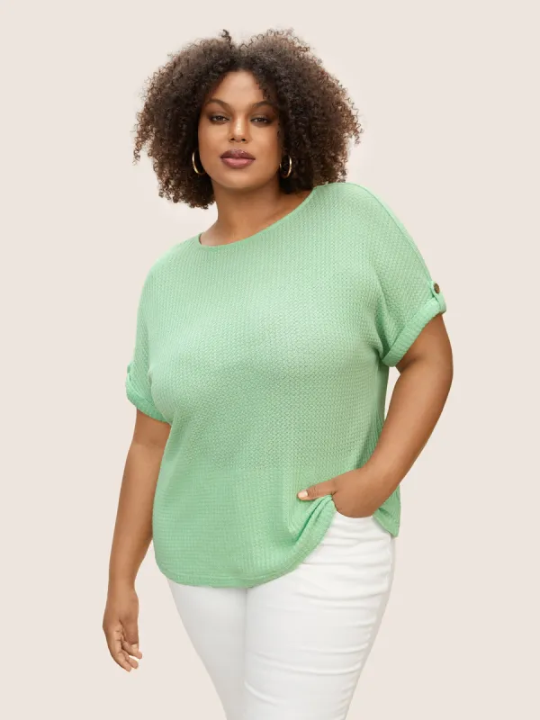Plain Waffle Knit Button Cuff Sleeve T-shirt sold by Bloomchic