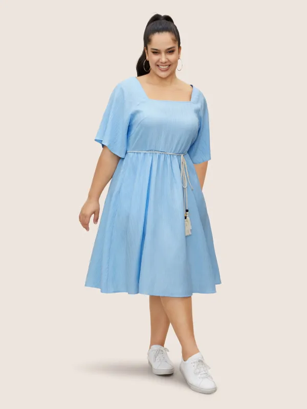 Square Neck Gathered Ruffle Sleeve Tassel Dress sold by Bloomchic