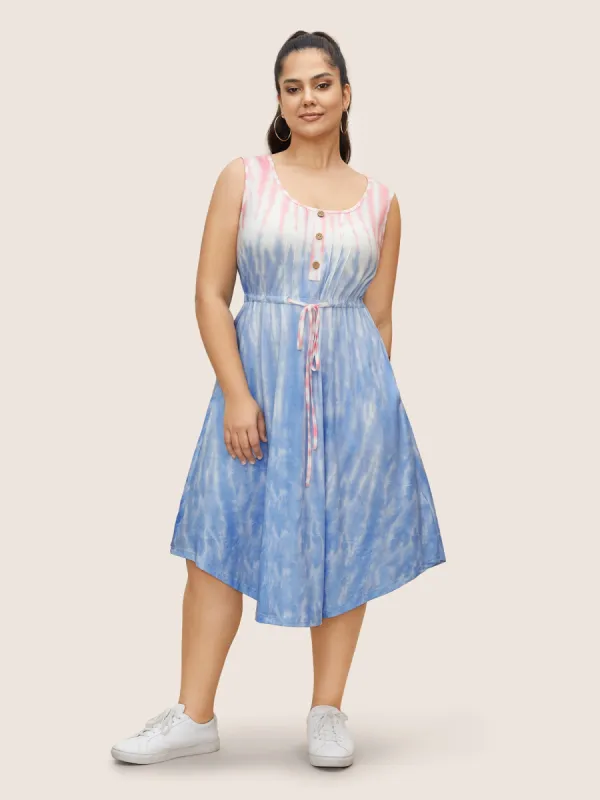 Tie Dye Round Neck Drawstring Pleated Dress sold by Bloomchic