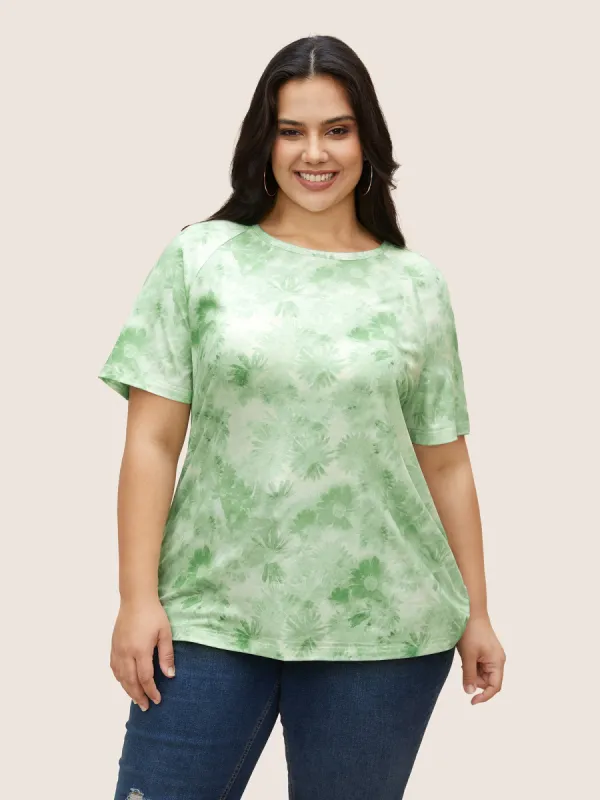 Tie Dye Flowers Round Neck Raglan Sleeve T-shirt sold by Bloomchic