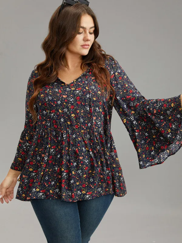 Floral Tie Neck Frill Trim Bell Sleeve Blouse sold by Bloomchic