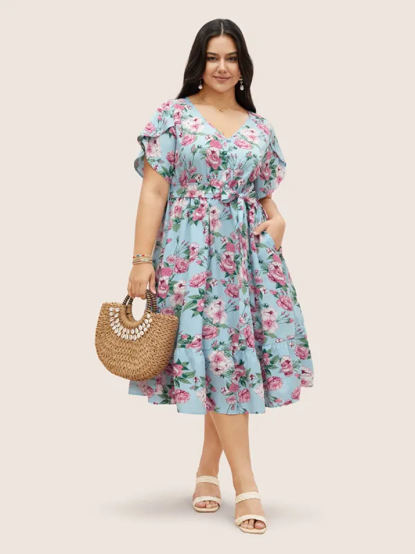 Floral Button Detail Gathered Petal Sleeve Dress sold by Bloomchic