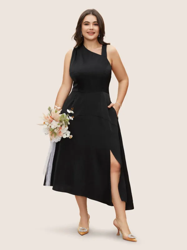 Solid Asymmetrical Neck Split Hem Dress sold by Bloomchic