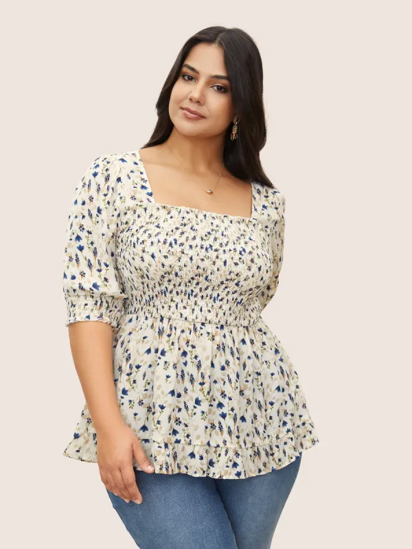 Ditsy Floral Ruffles Shirred Puff Sleeve Blouse sold by Bloomchic