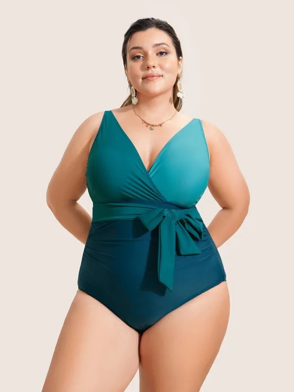 Contrast Patchwork Tie Knot One Piece Swimsuit sold by Bloomchic