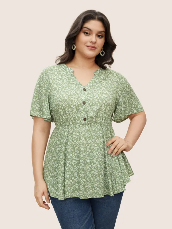 Ditsy Floral Notched Button Detail Blouse sold by Bloomchic