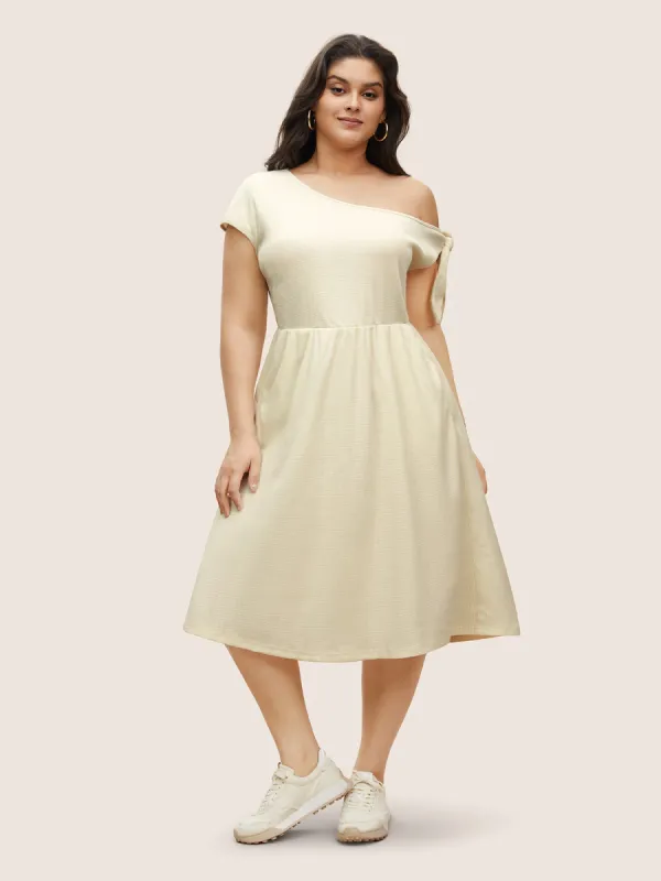 Asymmetrical Neck Waffle Knit Tie Knot Dress sold by Bloomchic