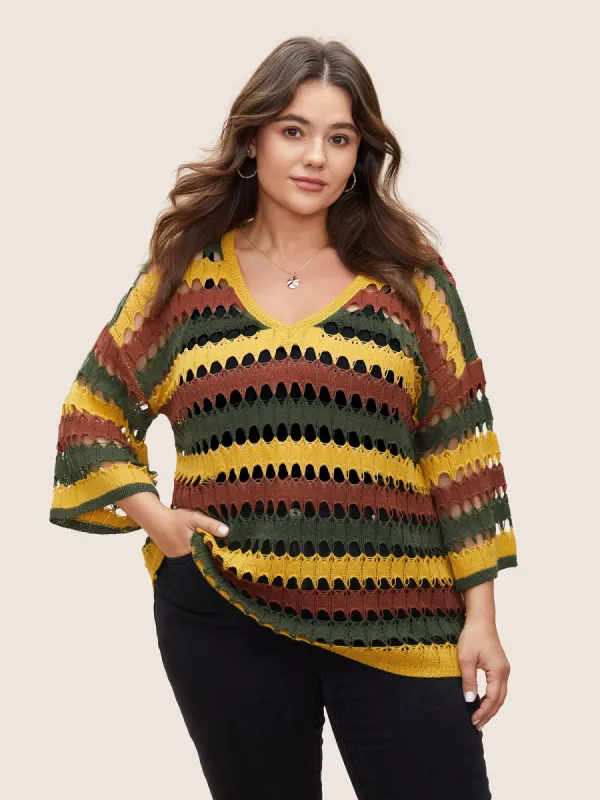 Deep V Neck Cut Out Stripes Contrast Pullover sold by Bloomchic