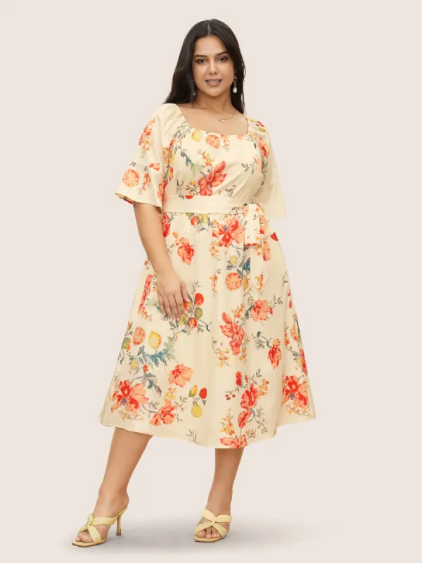 Citrus Orange Print Square Neck Ruffles Gathered Dress sold by Bloomchic