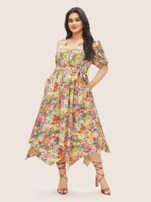 Floral Overlap Collar Belted Asymmetrical Hem Dress sold by Bloomchic