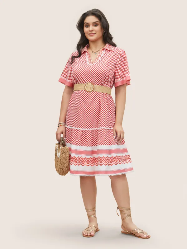 Gingham Patchwork Lapel Collar Ruffle Sleeve Dress sold by Bloomchic