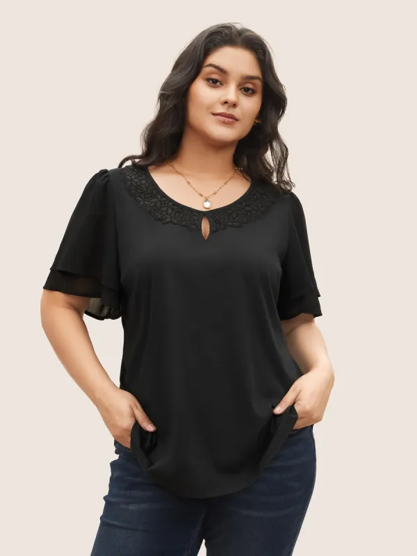 Stretchy Woven Cut Out Lace Patchwork Blouse sold by Bloomchic