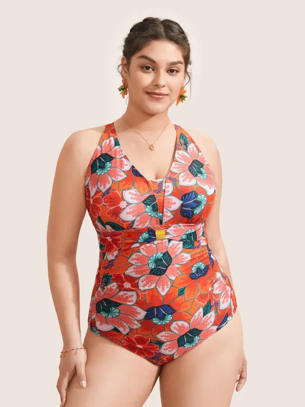 Floral Ruched Crisscross Buckle Detail One Piece Swimsuit sold by Bloomchic