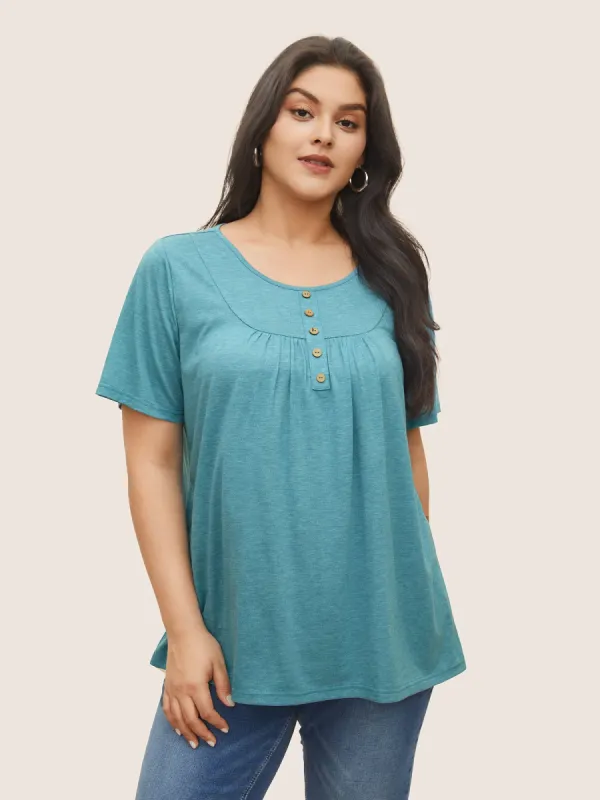 Solid Heather Button Detail Gathered T-shirt sold by Bloomchic
