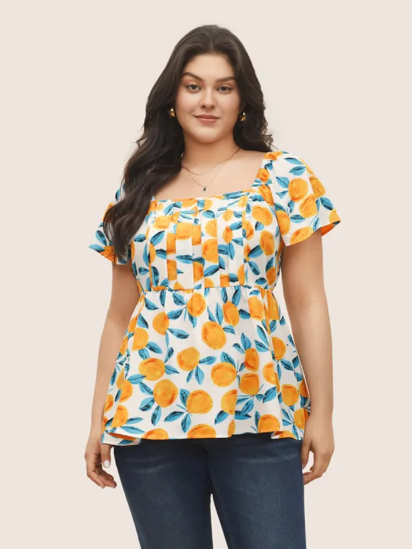 Citrus Square Neck Orange Print Pleated Blouse sold by Bloomchic