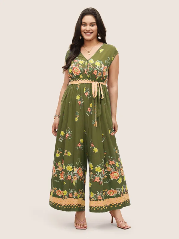 Boho Print Overlap Collar Belted Sleeveless Jumpsuit sold by Bloomchic