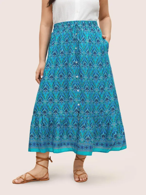 Boho Print Elastic Waist Button Detail Skirt sold by Bloomchic