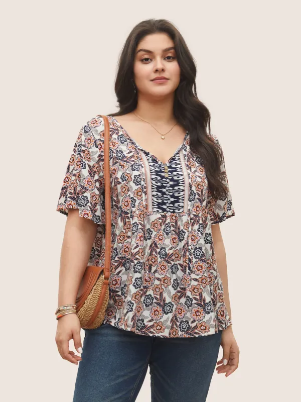 Boho Print Button Detail Ties Blouse sold by Bloomchic