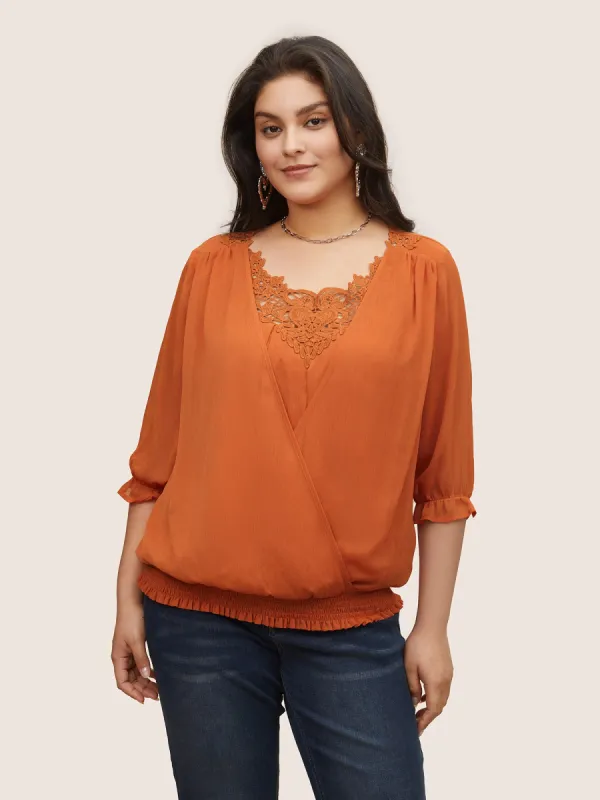 Chiffon Shirred Ruffle Trim Lace Panel Blouse sold by Bloomchic
