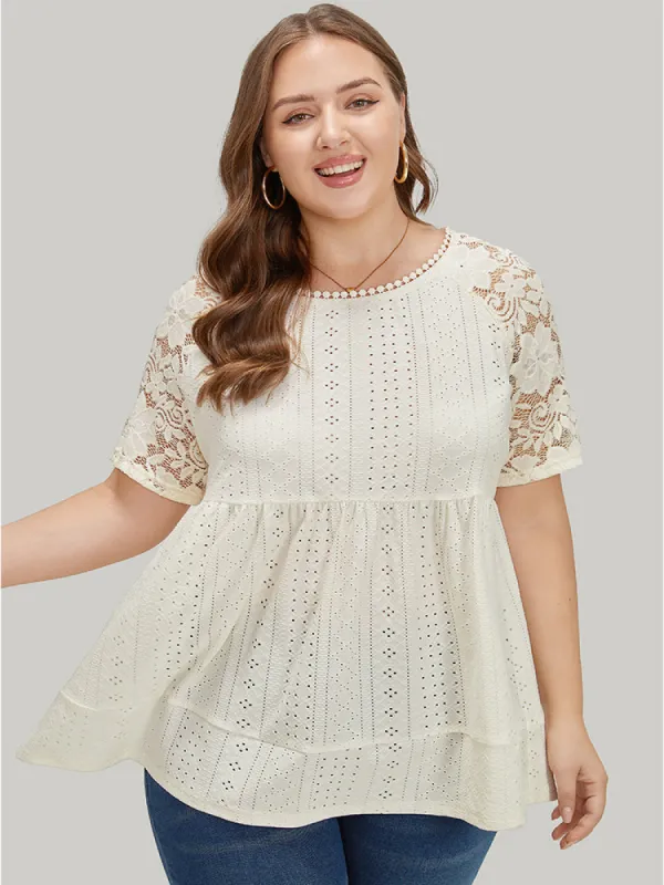 Plain Pompom Trim Lace Sleeve Broderie Anglaise T-shirt sold by Bloomchic