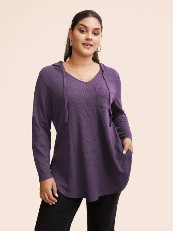 Waffle Knit Pocket Hooded Drawstring Arc Hem T-shirt sold by Bloomchic