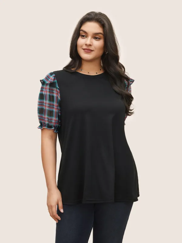 Plaid Patchwork Flounce Lantern Sleeve T-shirt sold by Bloomchic